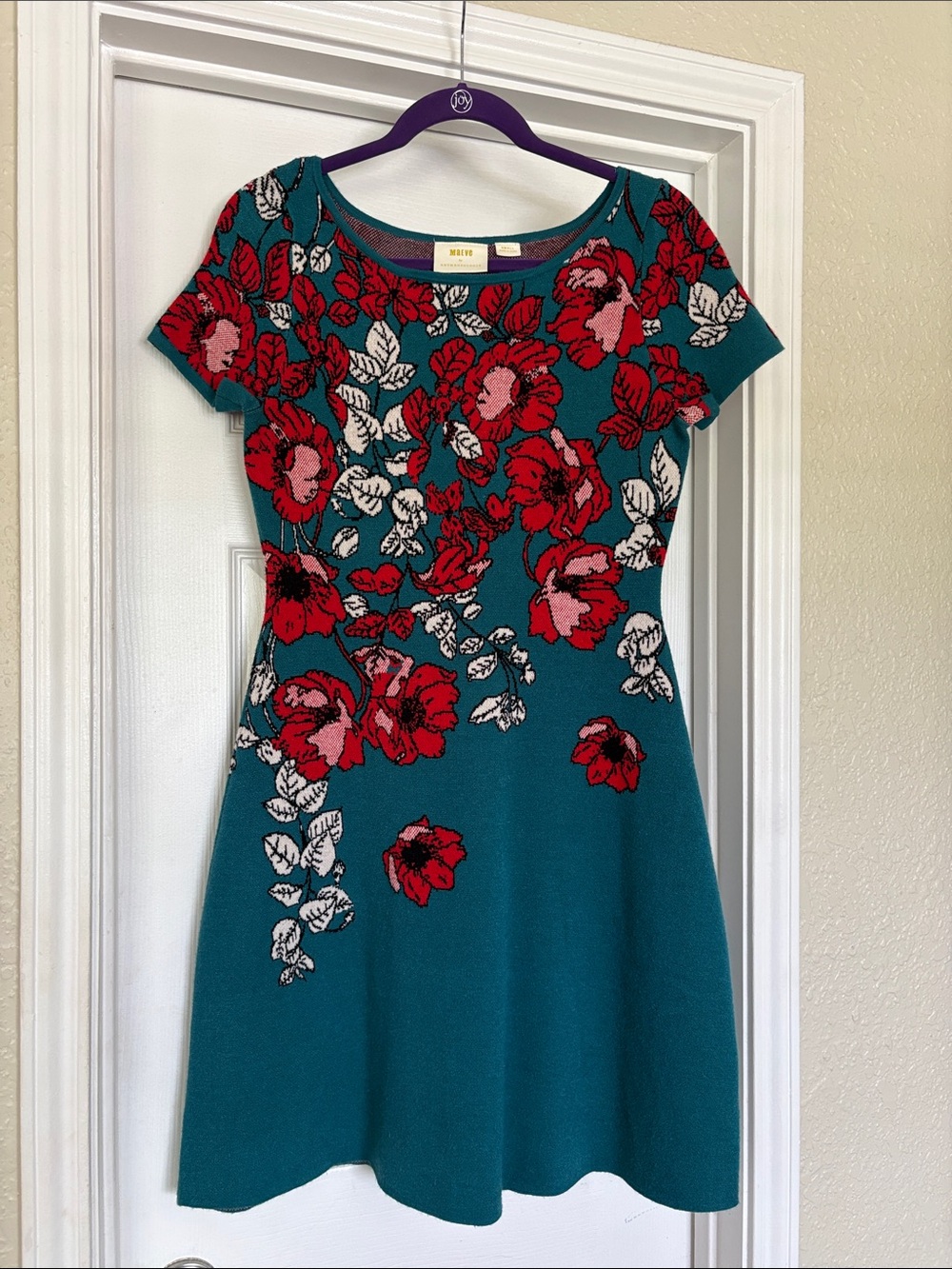 Anthropologie Maeve Teal Sweater Dress with Red Poppies